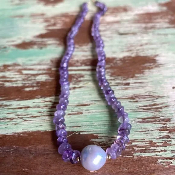 14k Amethyst Bead Necklace with Pearl - Picture 2 of 12